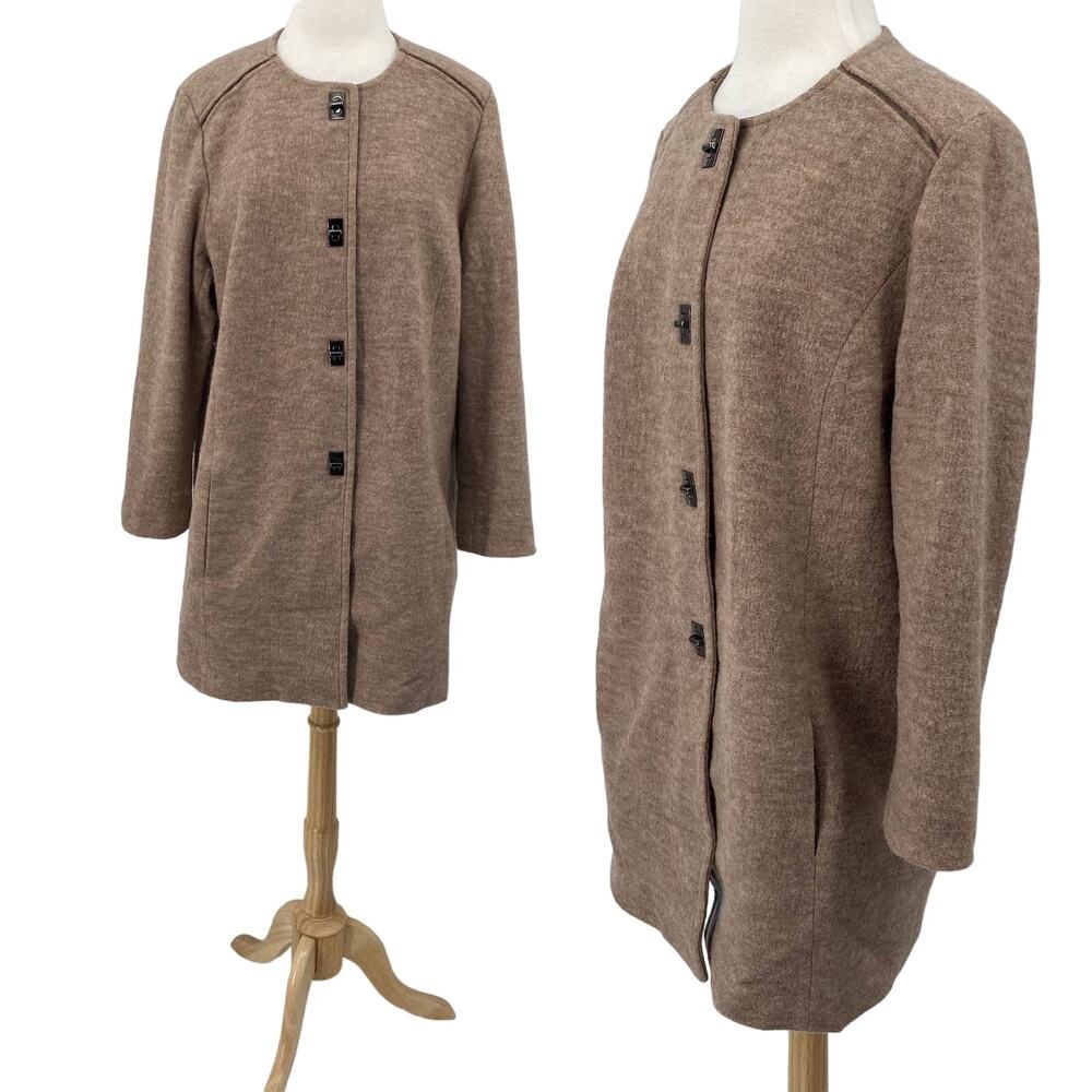 Chicos Wool Sweater Turn Lock Clasps Front Longline Faux Leather Beige Womens XL